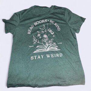 NWOT/NIP. Green Graphic Tee with Book and Moon Design.